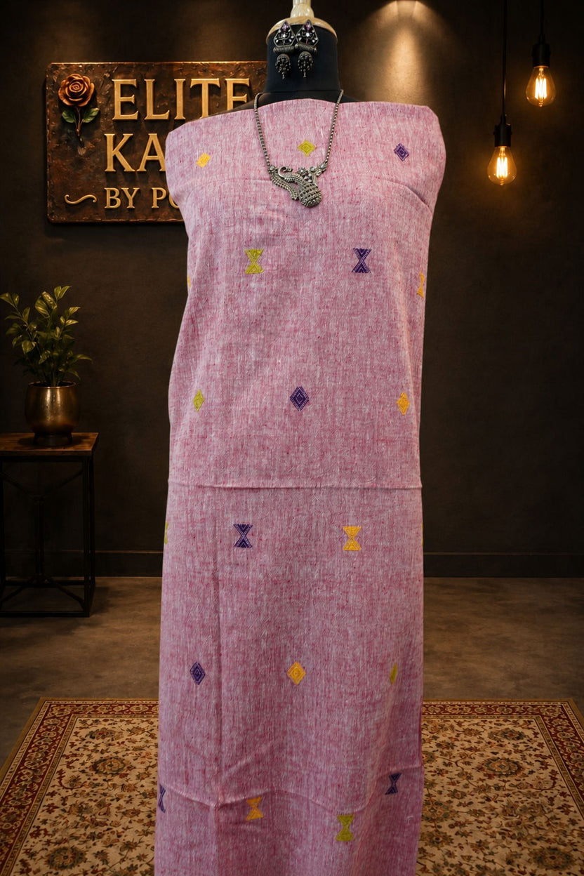 Kala Cotton Bhujodi Placement Pattern Kurti Fabric Onion Pink Front Chomuk Work