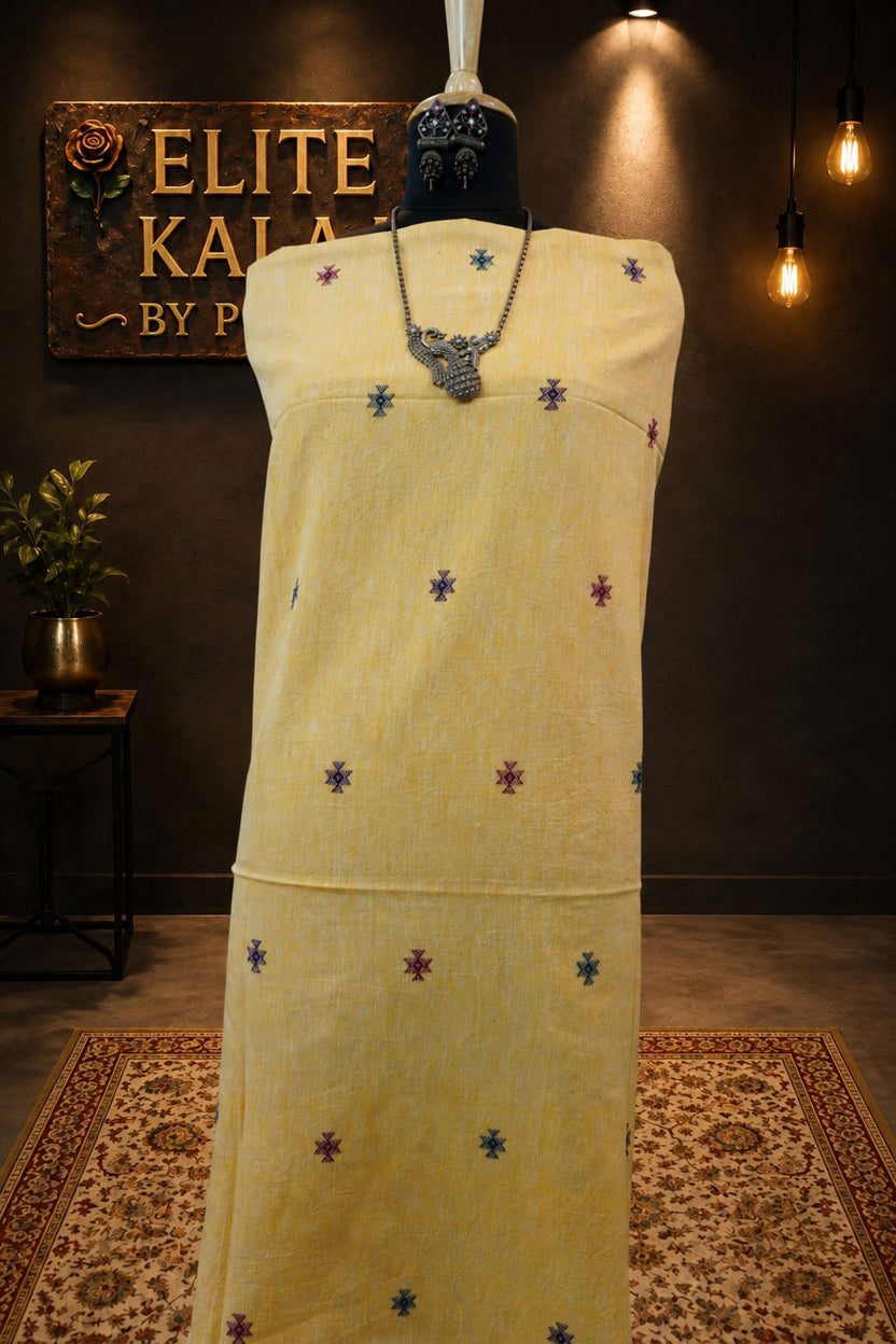 Bhujodi Kala Cotton Kurti Fabric Yellow Front Chomuk Work