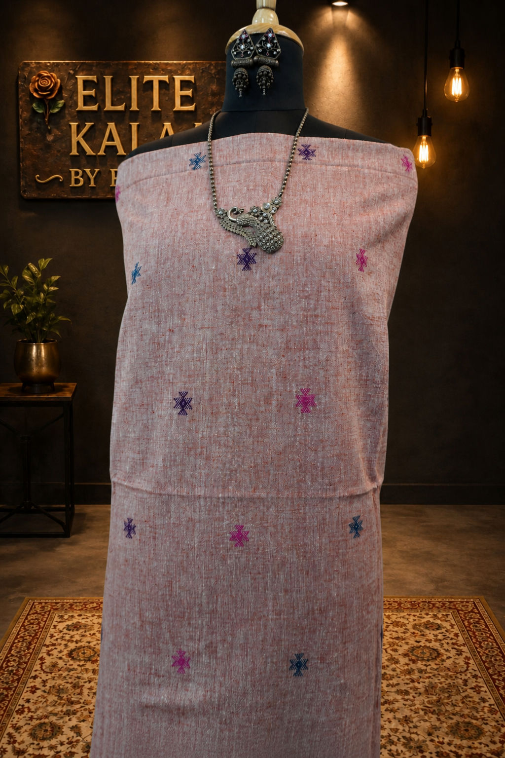 Bhujodi Kala Cotton Kurti Fabric Peach Front Chomuk Work