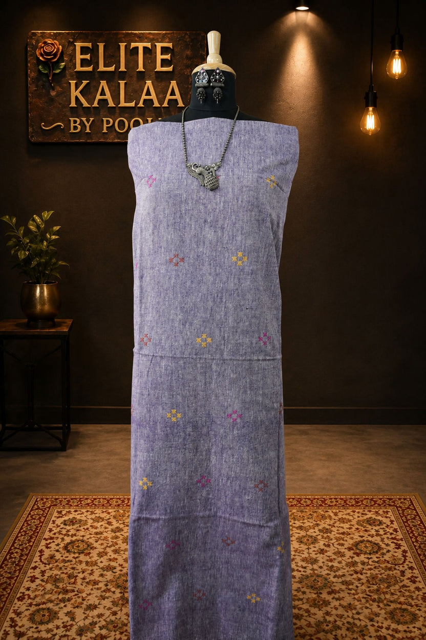 Kala Cotton Bhujodi Placement Pattern Kurti Fabric Light Purple Front Chomuk Work