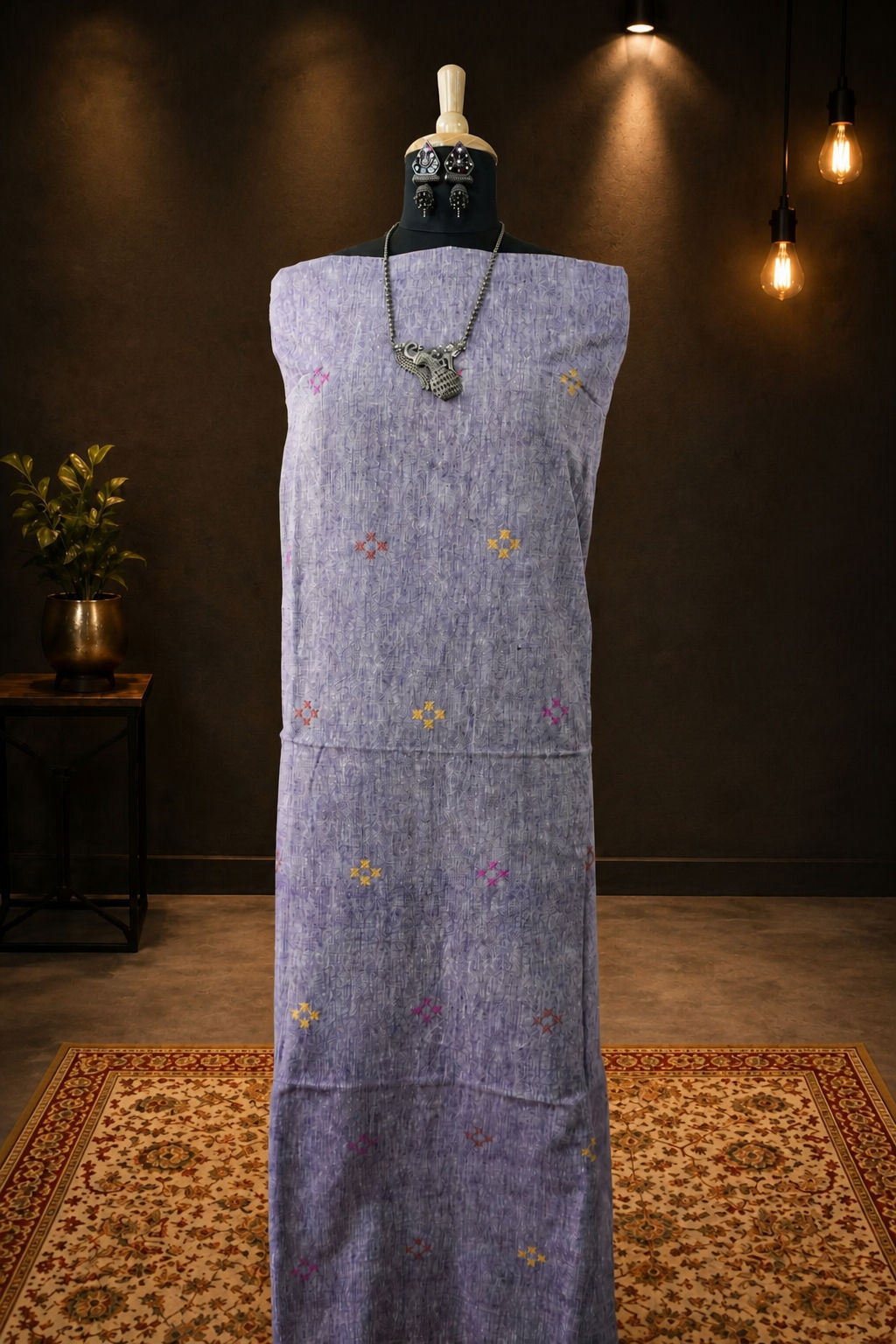 Kala Cotton Bhujodi Placement Pattern Kurti Fabric Light Purple Front Chomuk Work