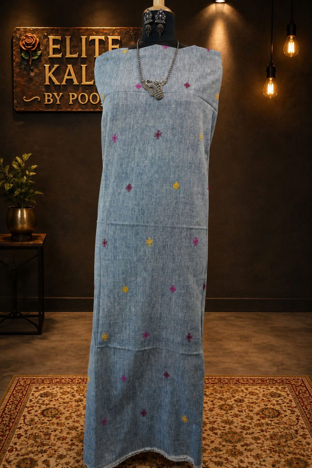 Kala Cotton Bhujodi Placement Pattern Kurti Fabric Grey Front Chomuk Work