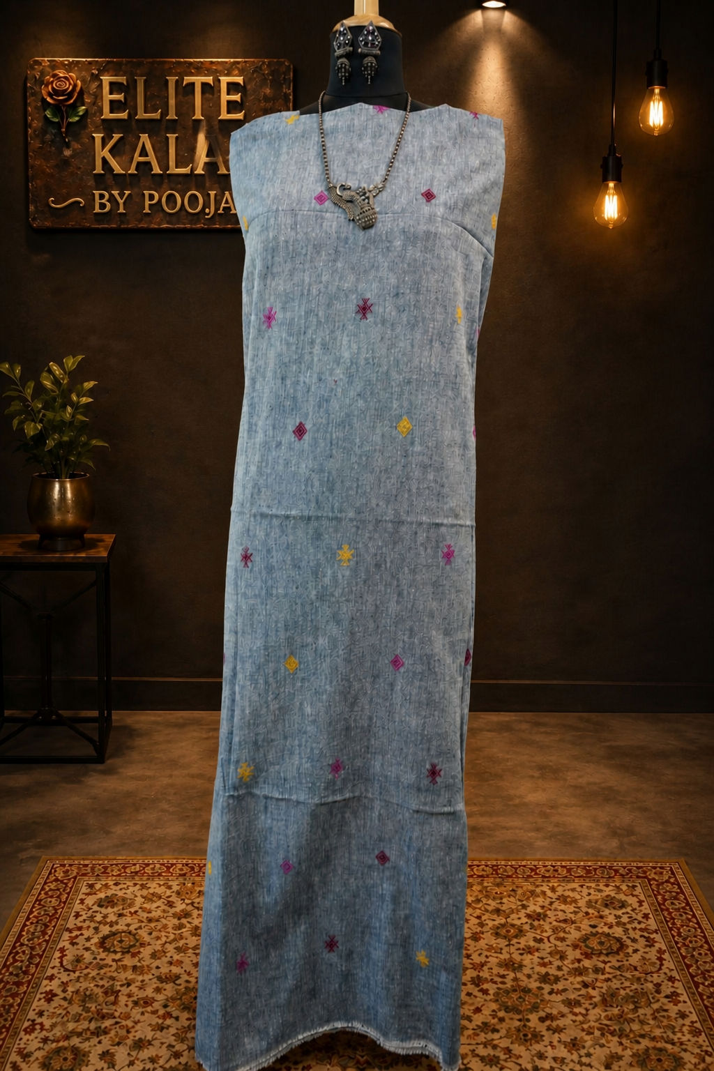 Kala Cotton Bhujodi Placement Pattern Kurti Fabric Grey Front Chomuk Work