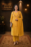 Bhujodi Kala Cotton Kurti Fabric Yellow Neck Chomuk and Mirror Work