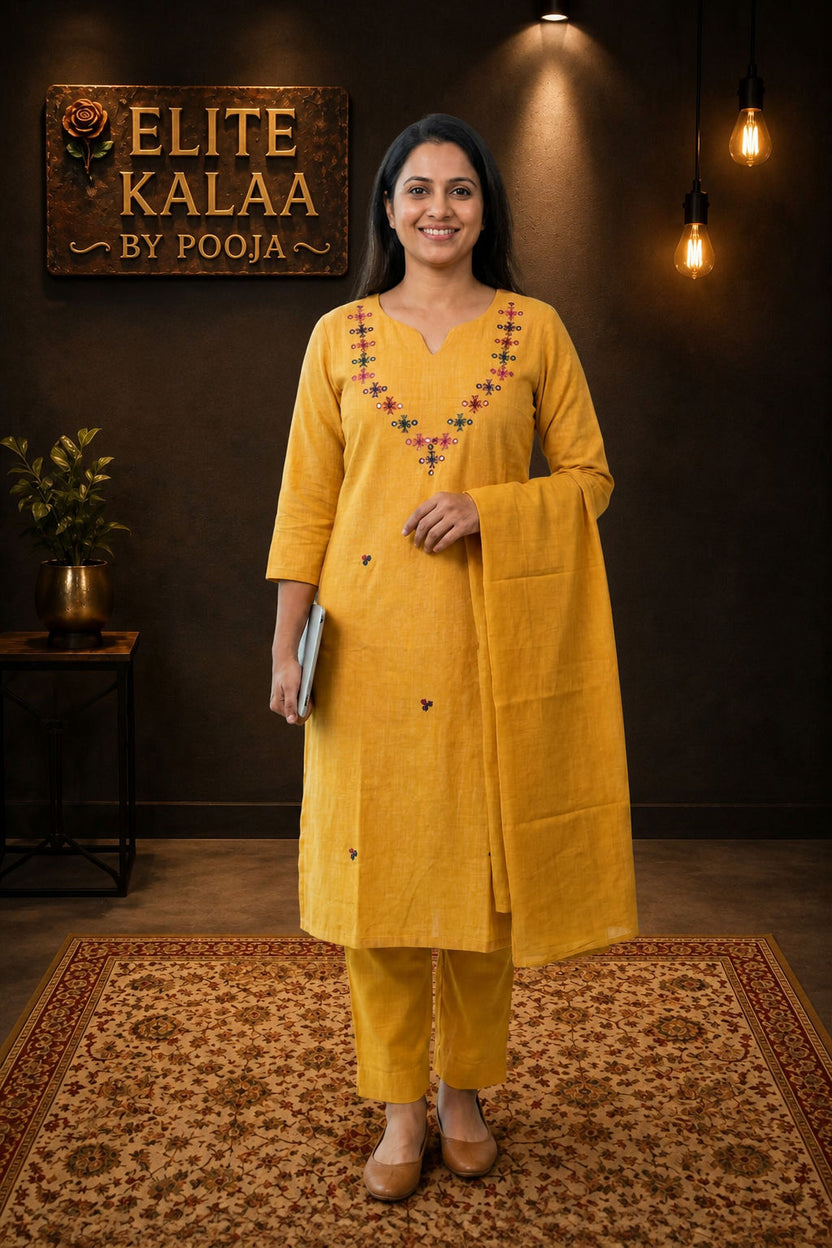 Bhujodi Kala Cotton Kurti Fabric Yellow Neck Chomuk and Mirror Work