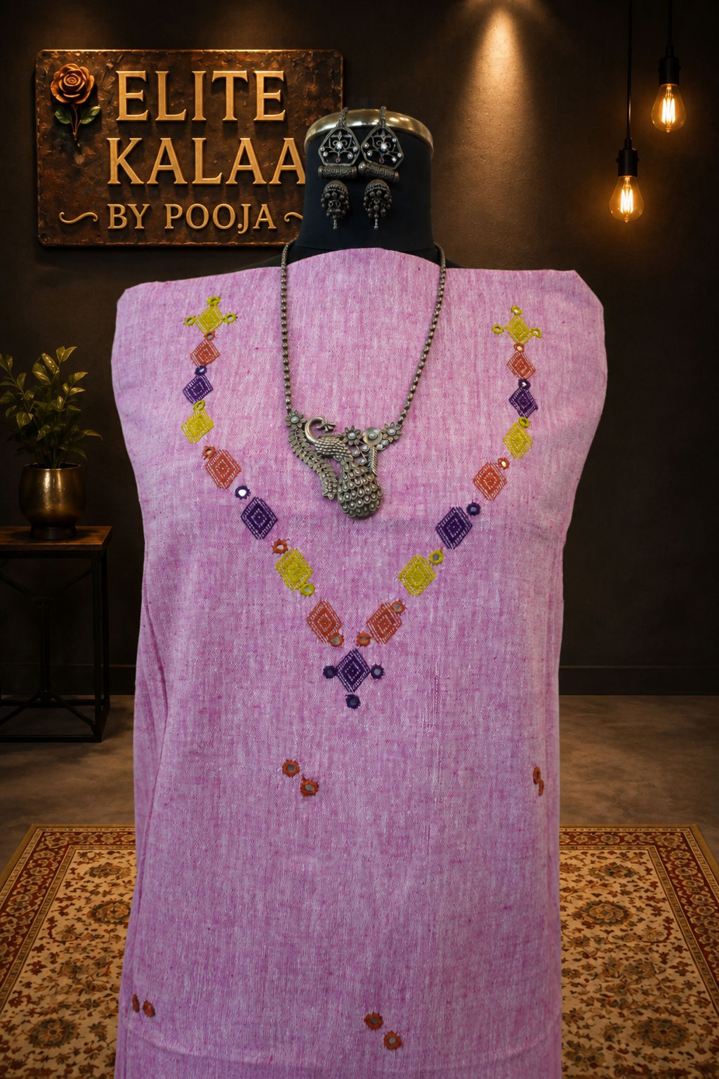 Bhujodi Kala Cotton Kurti Fabric Pink Neck Chomuk and Mirror Work