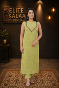 Bhujodi Kala Cotton Kurti Fabric Olive Green Neck Chomuk and Mirror Work