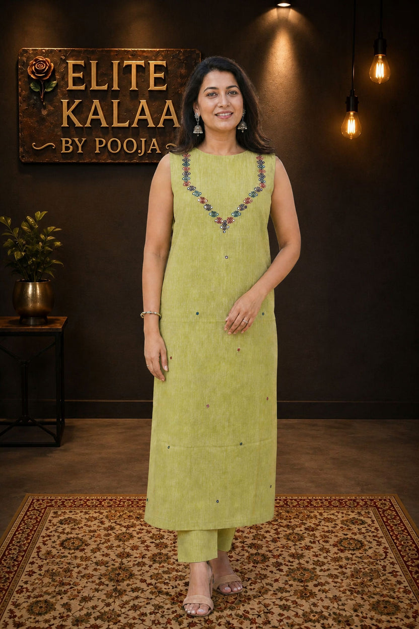 Bhujodi Kala Cotton Kurti Fabric Olive Green Neck Chomuk and Mirror Work