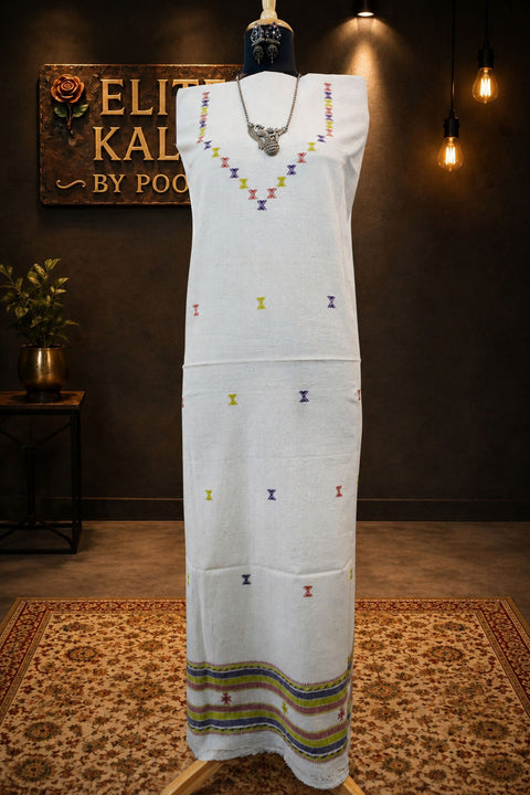 Bhujodi Kala Cotton Kurti Fabric Off White Neck Chomuk and Daaman Work