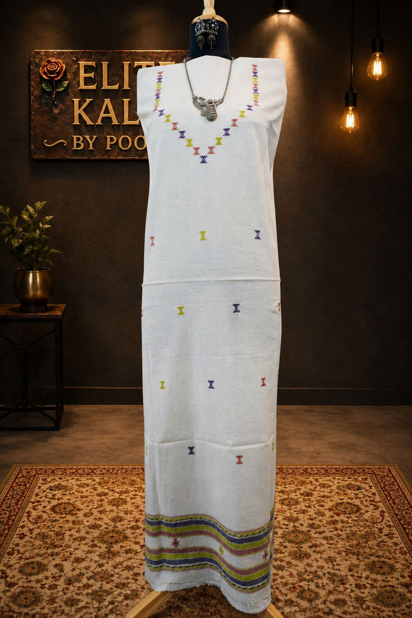 Bhujodi Kala Cotton Kurti Fabric Off White Neck Chomuk and Daaman Work