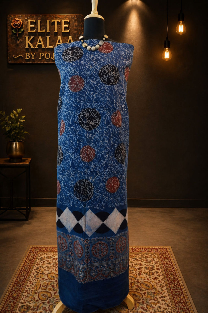 Cotton Ajrakh Handblock Designer Indigo Kurti Fabric Blue, Design 7