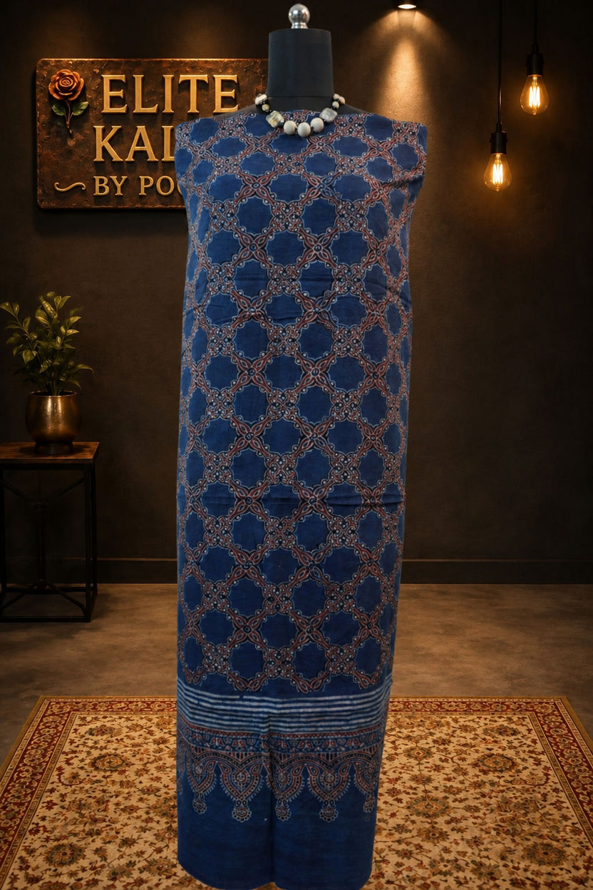 Cotton Ajrakh Handblock Designer Indigo Kurti Fabric Blue, Design 8