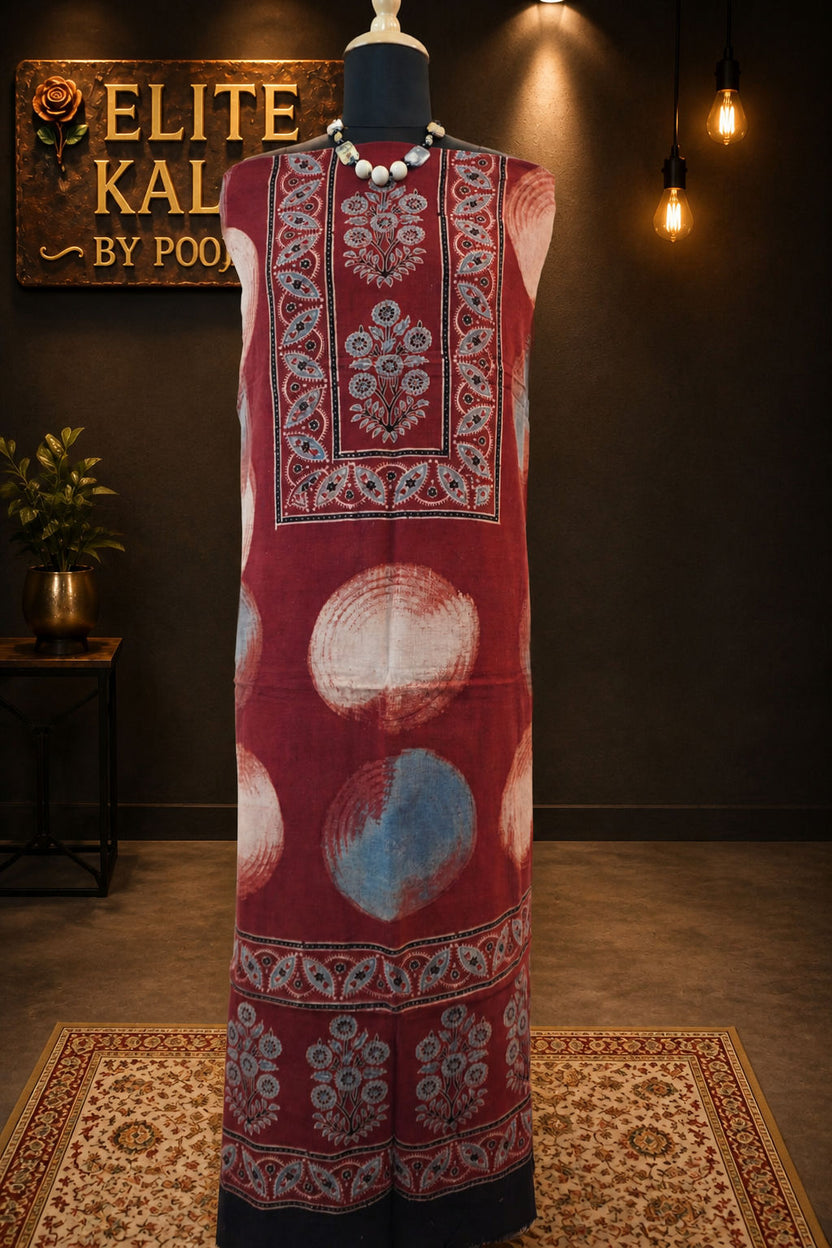 Kala Cotton Ajrakh Handblock Kurti Fabric Rust Block Pattern 10 with Border