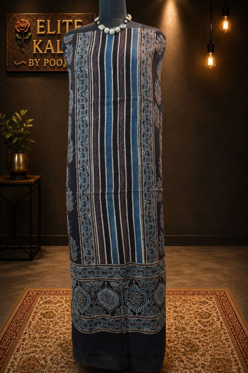 Kala Cotton Ajrakh Handblock Kurti Fabric Black Block Pattern 12
