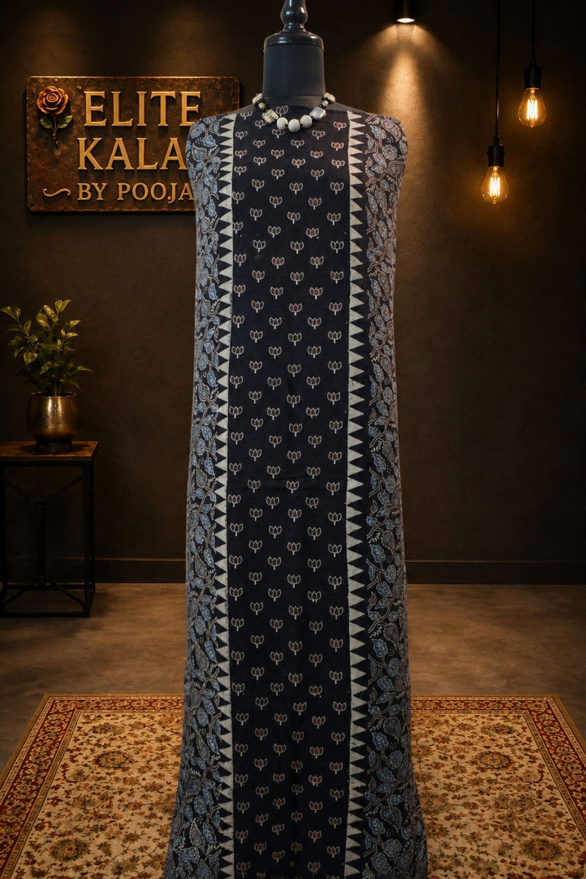 Kala Cotton Ajrakh Handblock Kurti Fabric Black Block Pattern 16