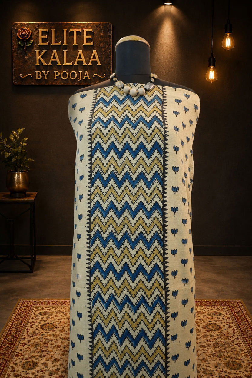 Kala Cotton Ajrakh Handblock Kurti Fabric Ivory Block Pattern 9
