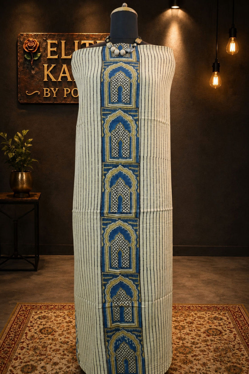 Kala Cotton Ajrakh Handblock Kurti Fabric Ivory Block Pattern 10