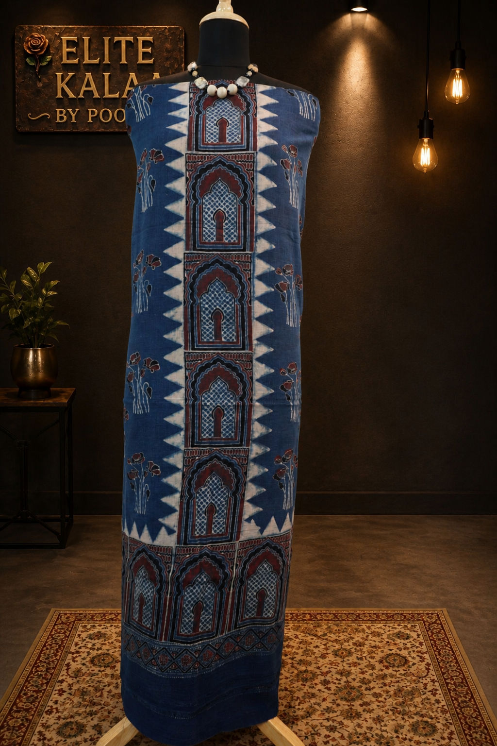 Kala Cotton Ajrakh Handblock Kurta Fabric Indigo Blue Block Pattern 8