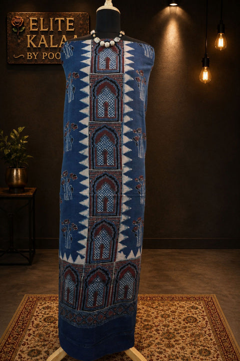 Kala Cotton Ajrakh Handblock Kurta Fabric Indigo Blue Block Pattern 8