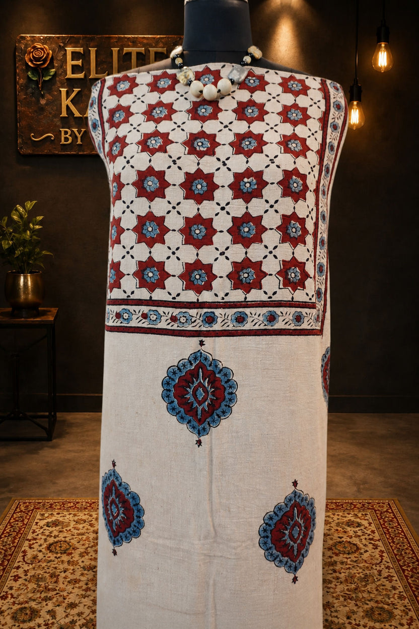 Kala Cotton Ajrakh Block Print Kurti Fabric Ivory Design 15