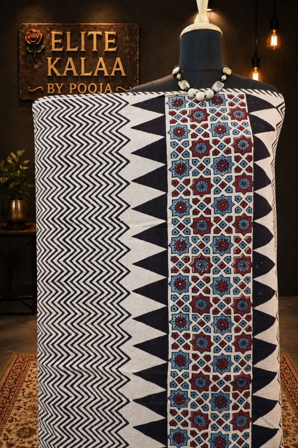 Ajrakh Handblock Kala Cotton Kurti Fabric Ivory Block Print Design 16