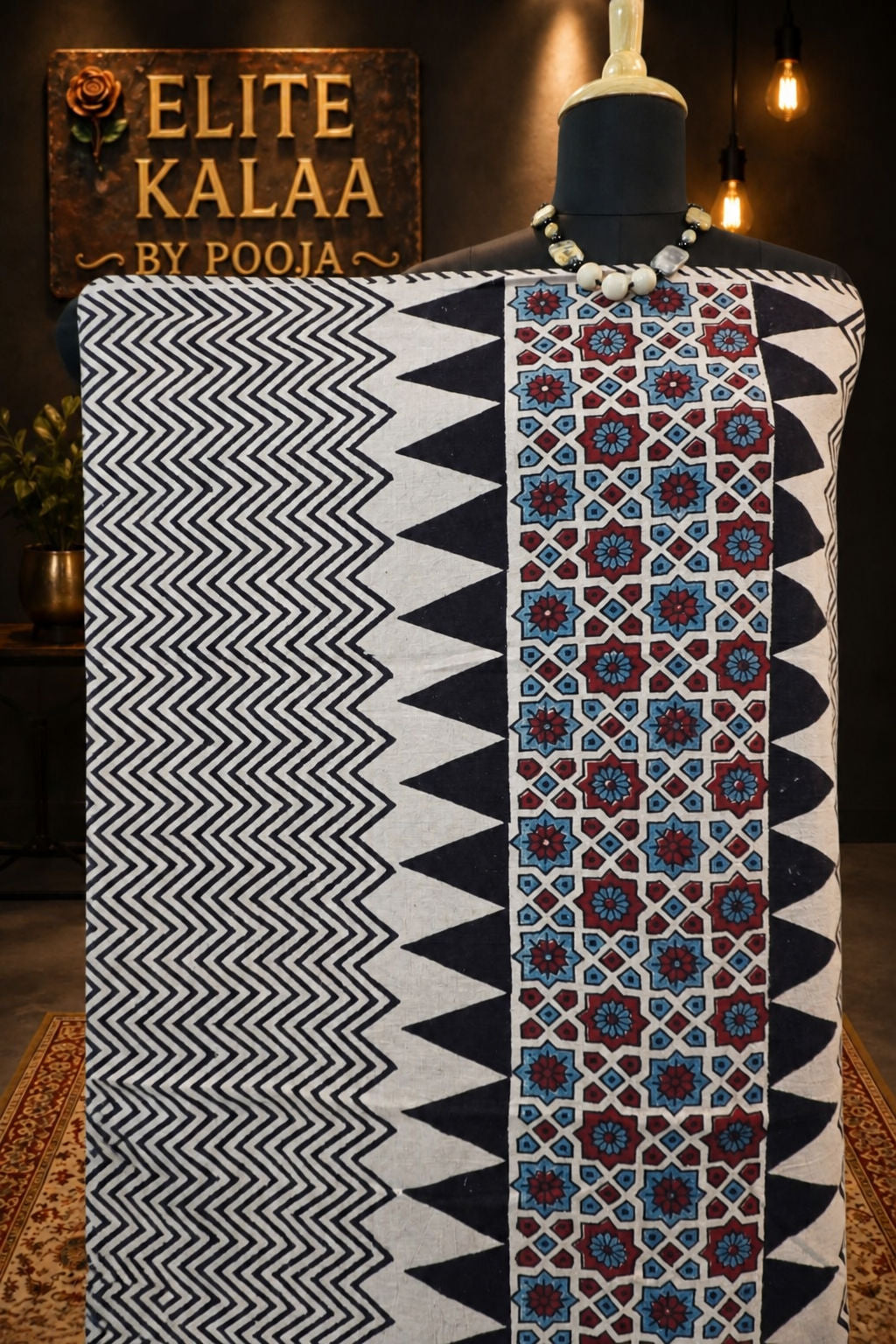 Ajrakh Handblock Kala Cotton Kurti Fabric Ivory Block Print Design 16