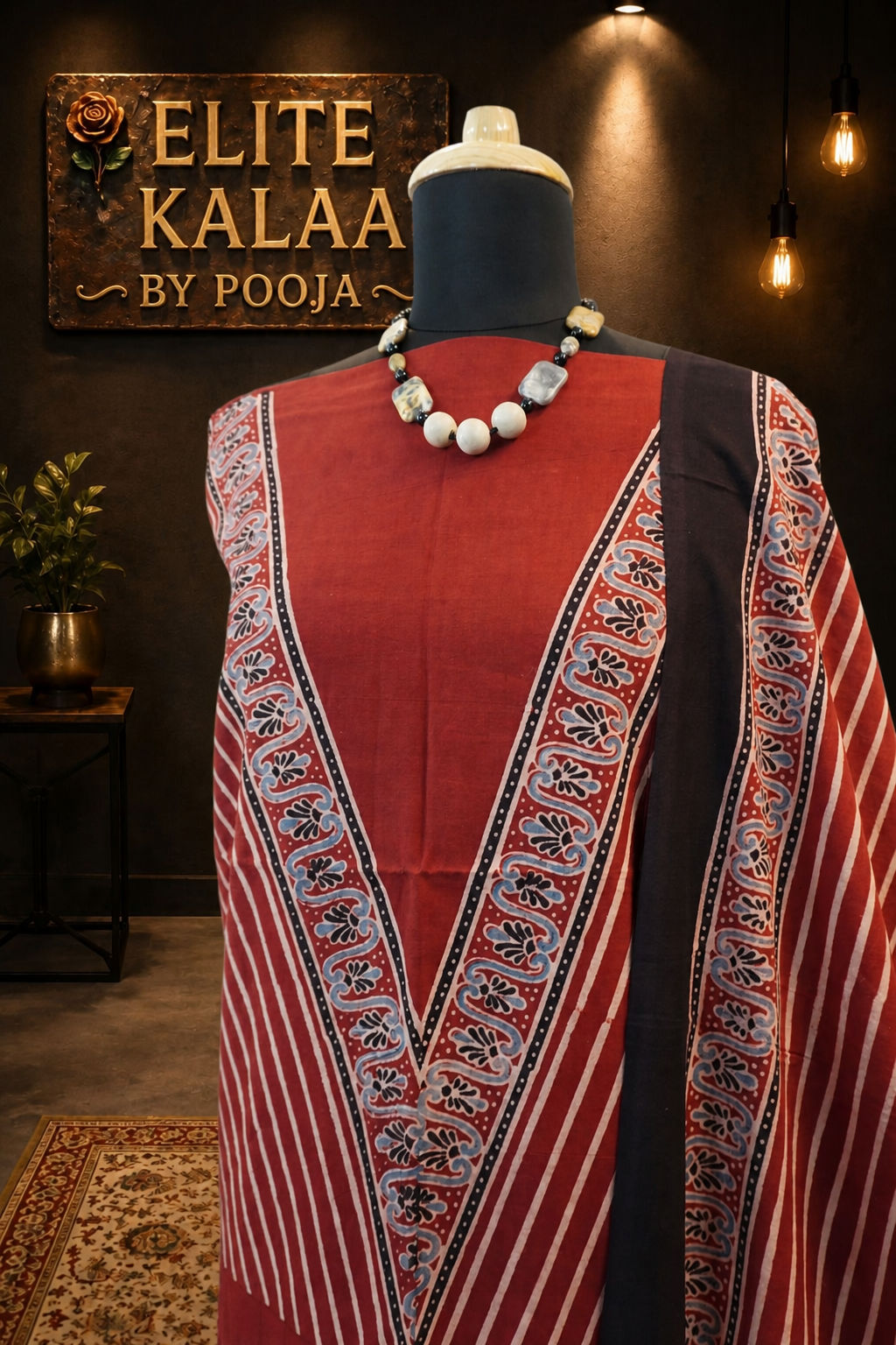 Kala Cotton Ajrakh Handblock Kurta Fabric Red Block Pattern 14