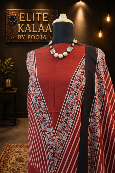 Kala Cotton Ajrakh Handblock Kurta Fabric Red Block Pattern 14