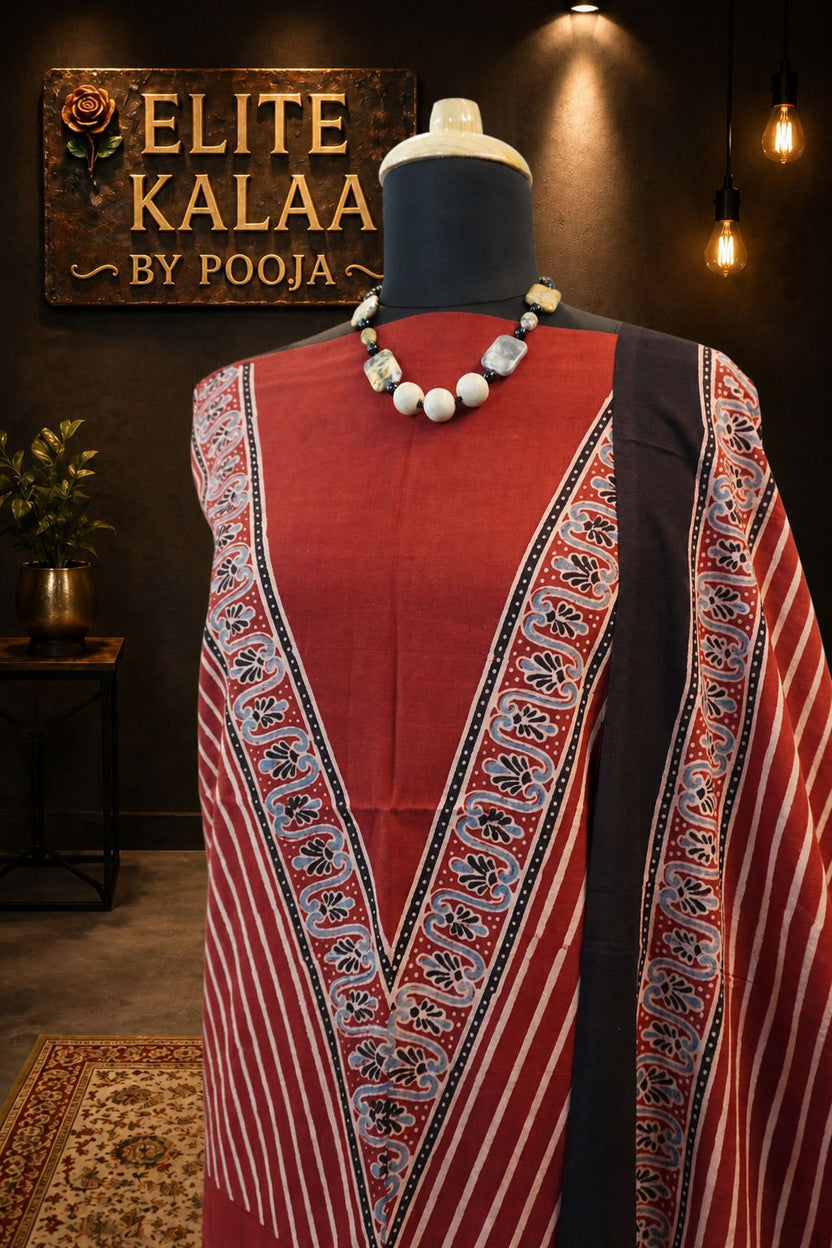 Kala Cotton Ajrakh Handblock Kurta Fabric Red Block Pattern 14