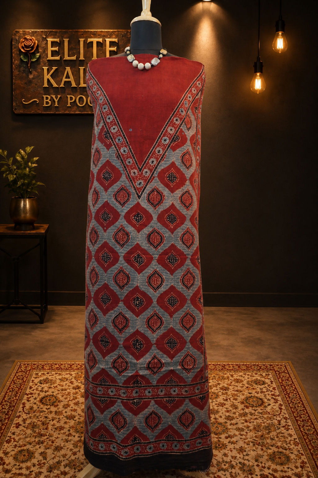 Kala Cotton Ajrakh Handblock Kurti Fabric Red Block Pattern 15 with Border and Fringe