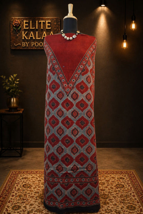 Kala Cotton Ajrakh Handblock Kurti Fabric Red Block Pattern 15 with Border and Fringe