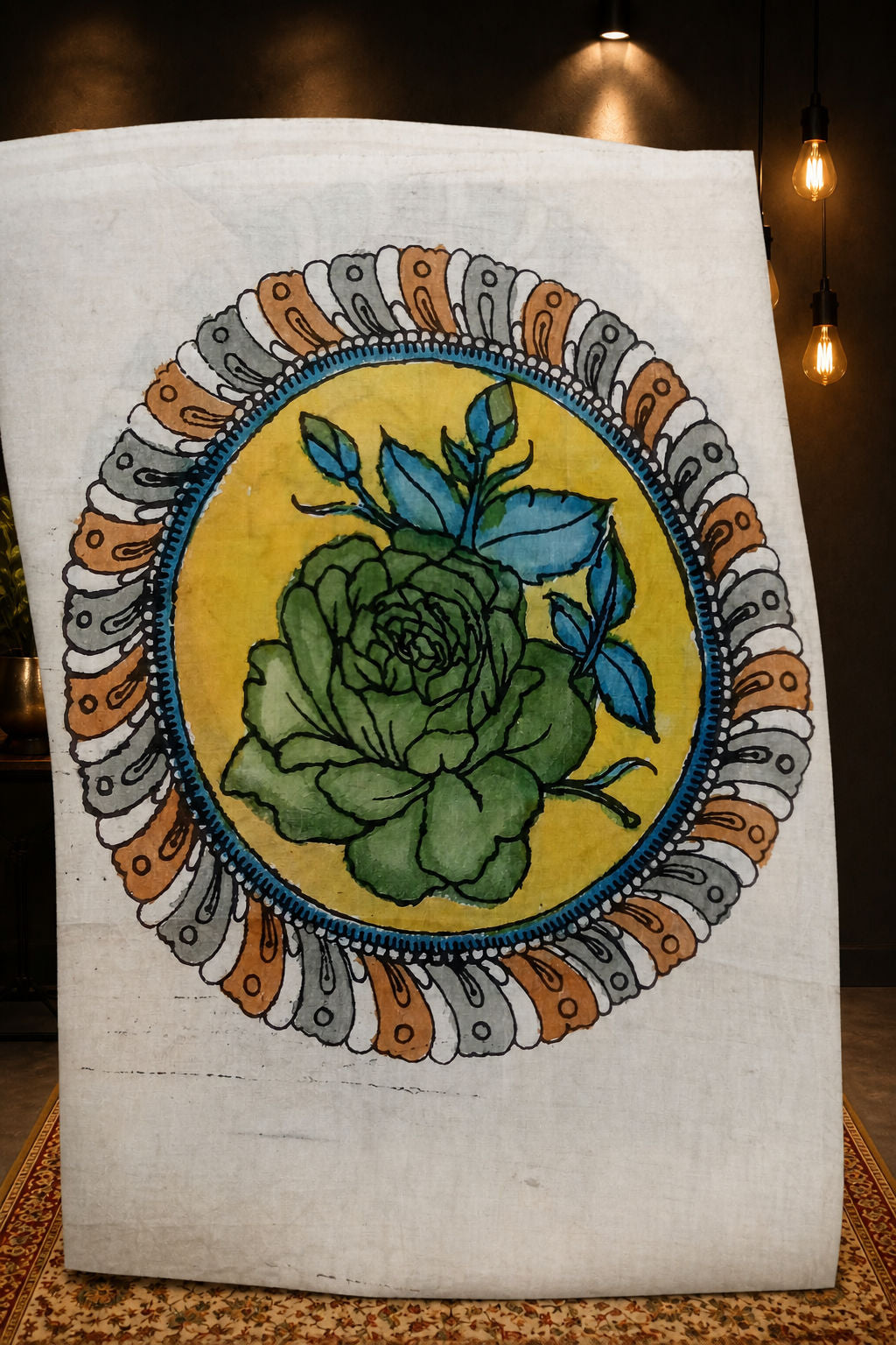 White Kalamkari Bangalore Silk fabric piece with handdrawn handpainted circular rose design and border