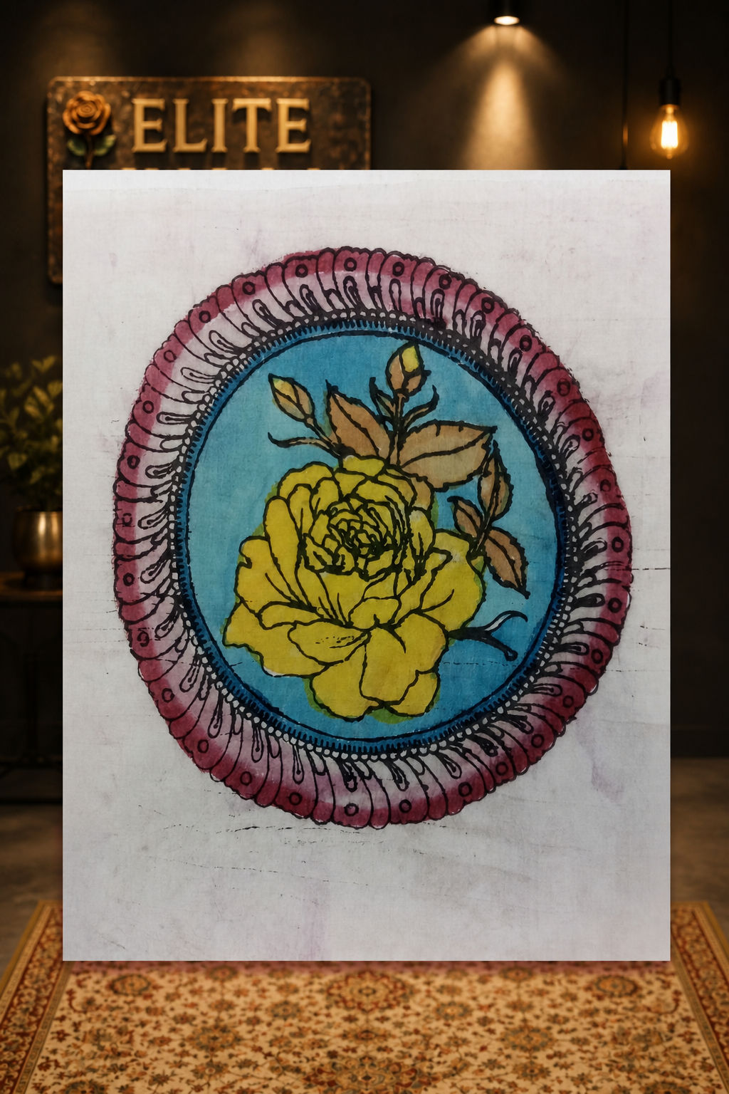 Kalamkari Bangalore Silk fabric piece with circular handdrawn and handpainted rose design and border