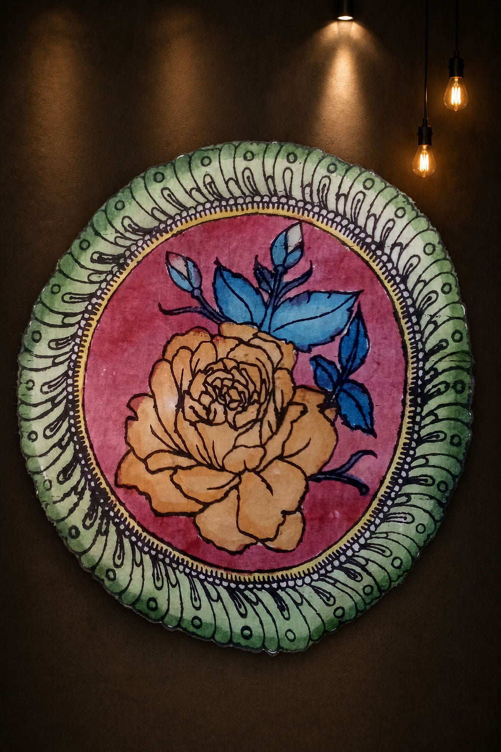 Pink Kalamkari Bangalore Silk saree with floral circular design and handdrawn handpainted detailing