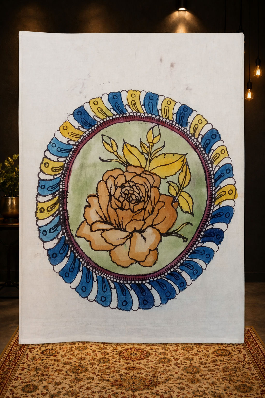 Multicolor Kalamkari Bangalore Silk fabric piece with circular rose design and border