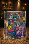 Grey Kalamkari patch with Saraswati holding Veena and a visible border detail