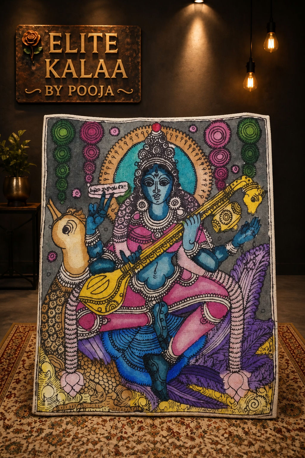 Grey Kalamkari patch with Saraswati holding Veena and a visible border detail
