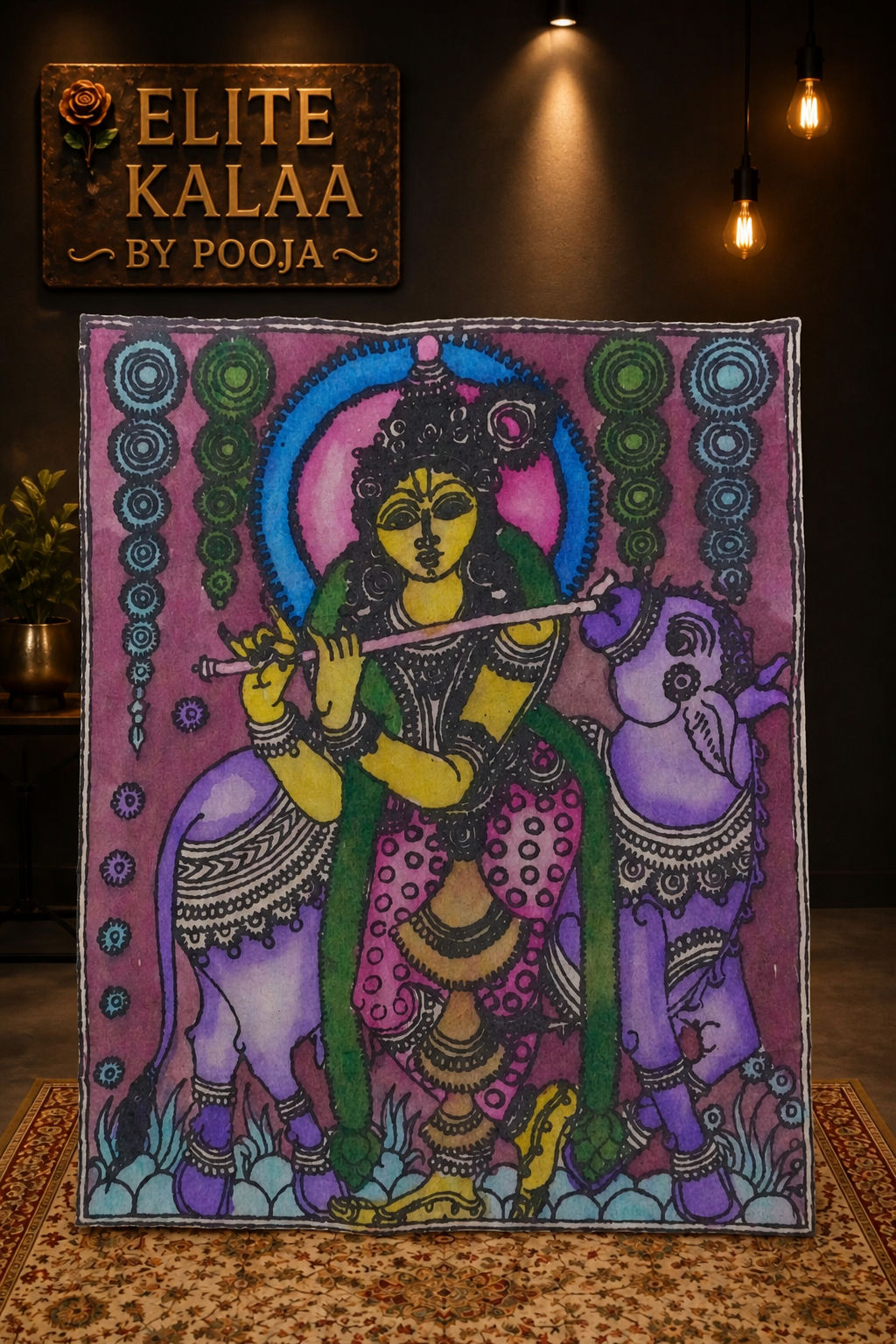 Pink Kalamkari patch with Krishna holding a flute and a figurative devotional design with border detail.