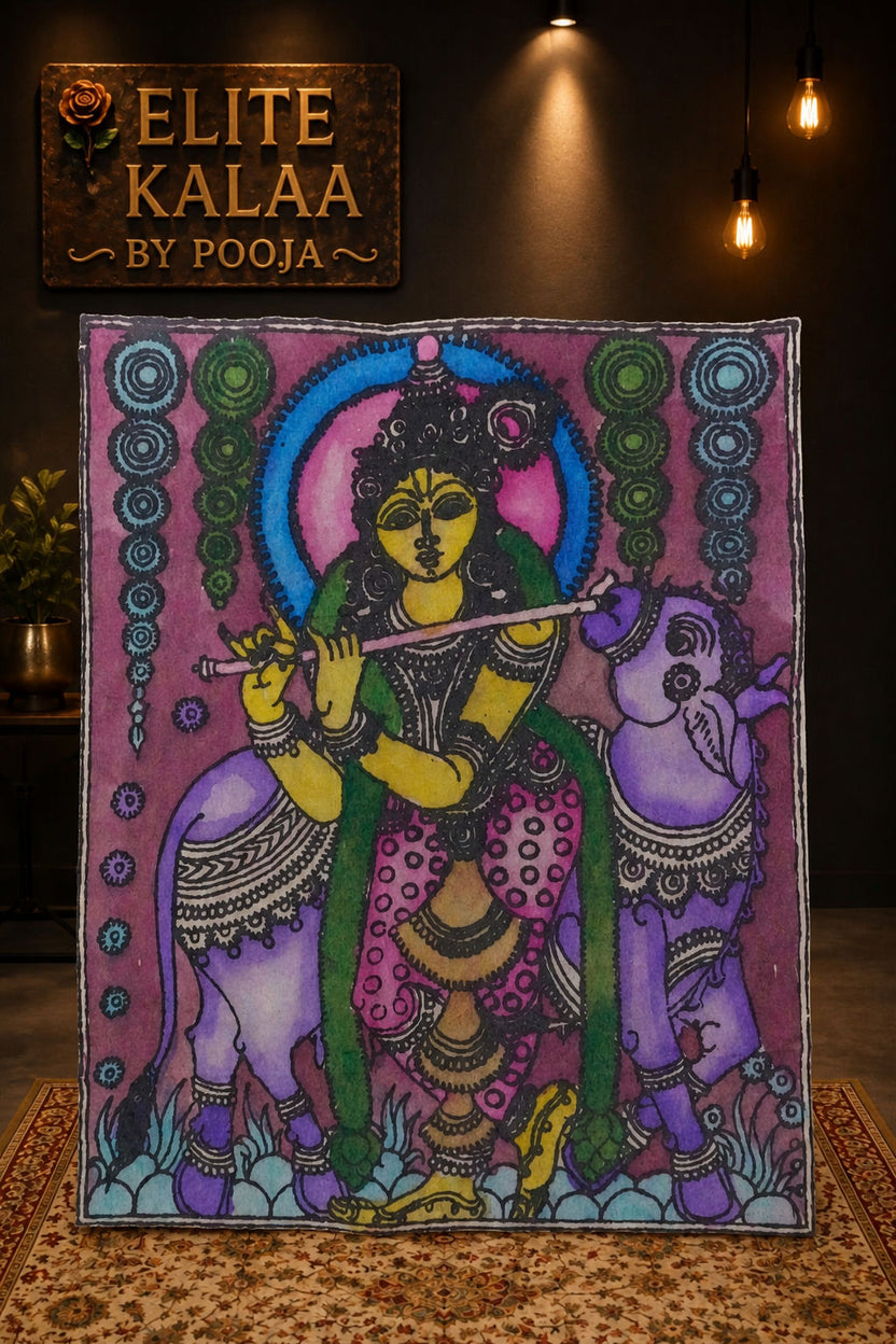 Pink Kalamkari patch with Krishna holding a flute and a figurative devotional design with border detail.