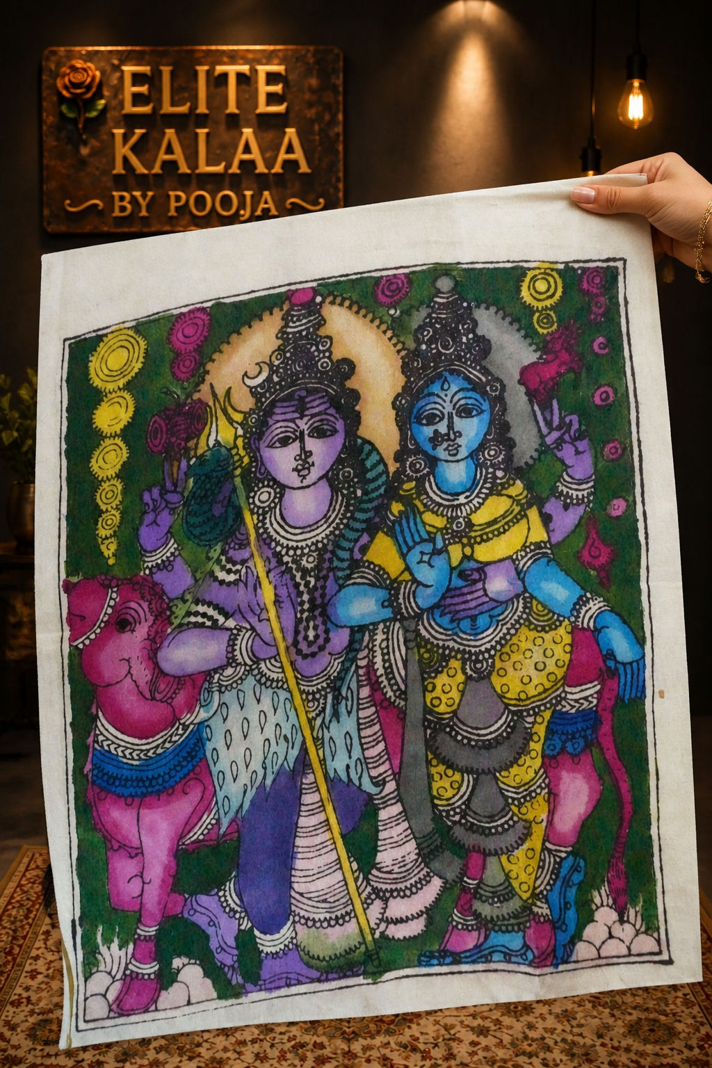 Green Kalamkari patch with Shiva-Parvati and elephants motif and border detail