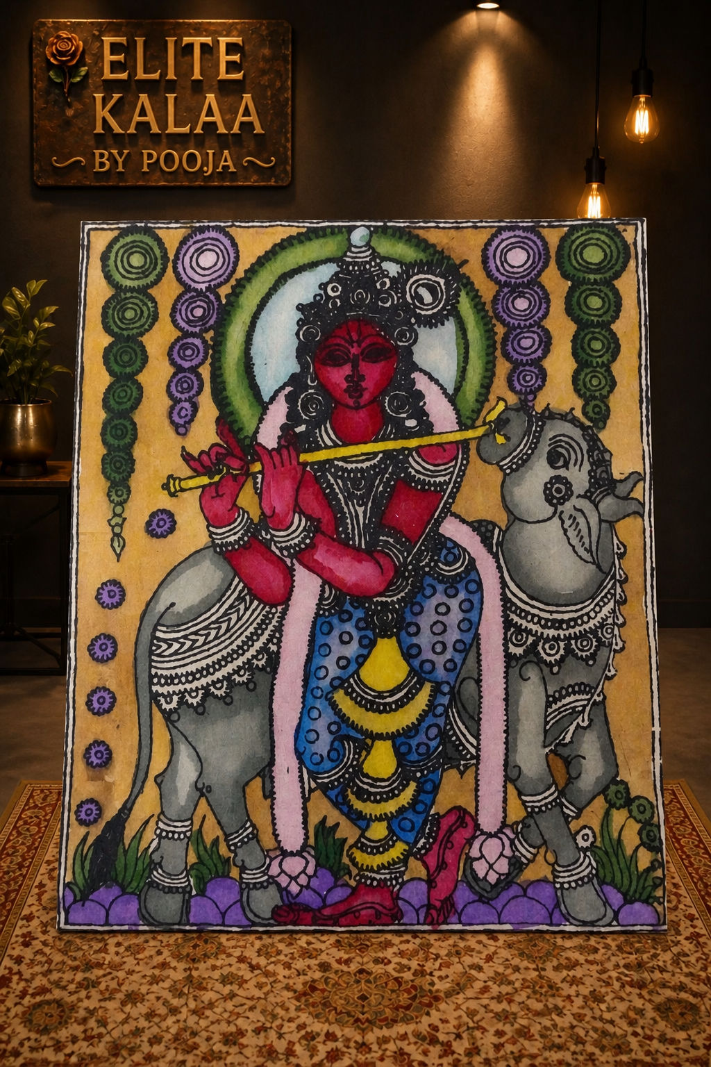 Kalamkari figurative patch of Krishna playing the flute with cows, with a border
