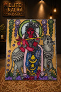 Kalamkari figurative patch of Krishna playing the flute with cows, with a border