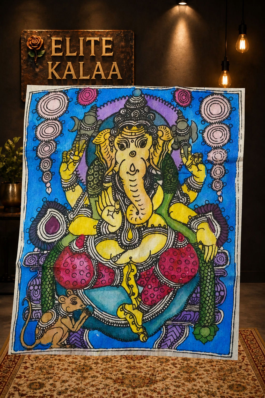 Multicolor Kalamkari patch with placement pattern and border, featuring Ganesha-Colorful textile artwork