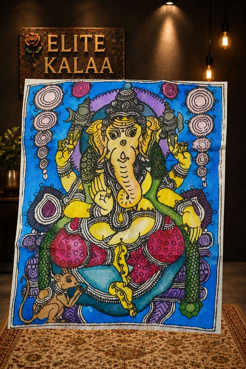 Multicolor Kalamkari patch with placement pattern and border, featuring Ganesha-Colorful textile artwork