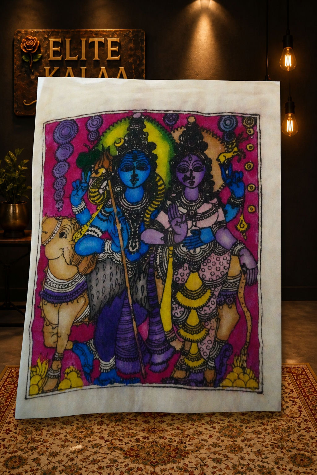 Pink Kalamkari figurative patch with Shiva-Parvati-with-Nandi design and bordered edge