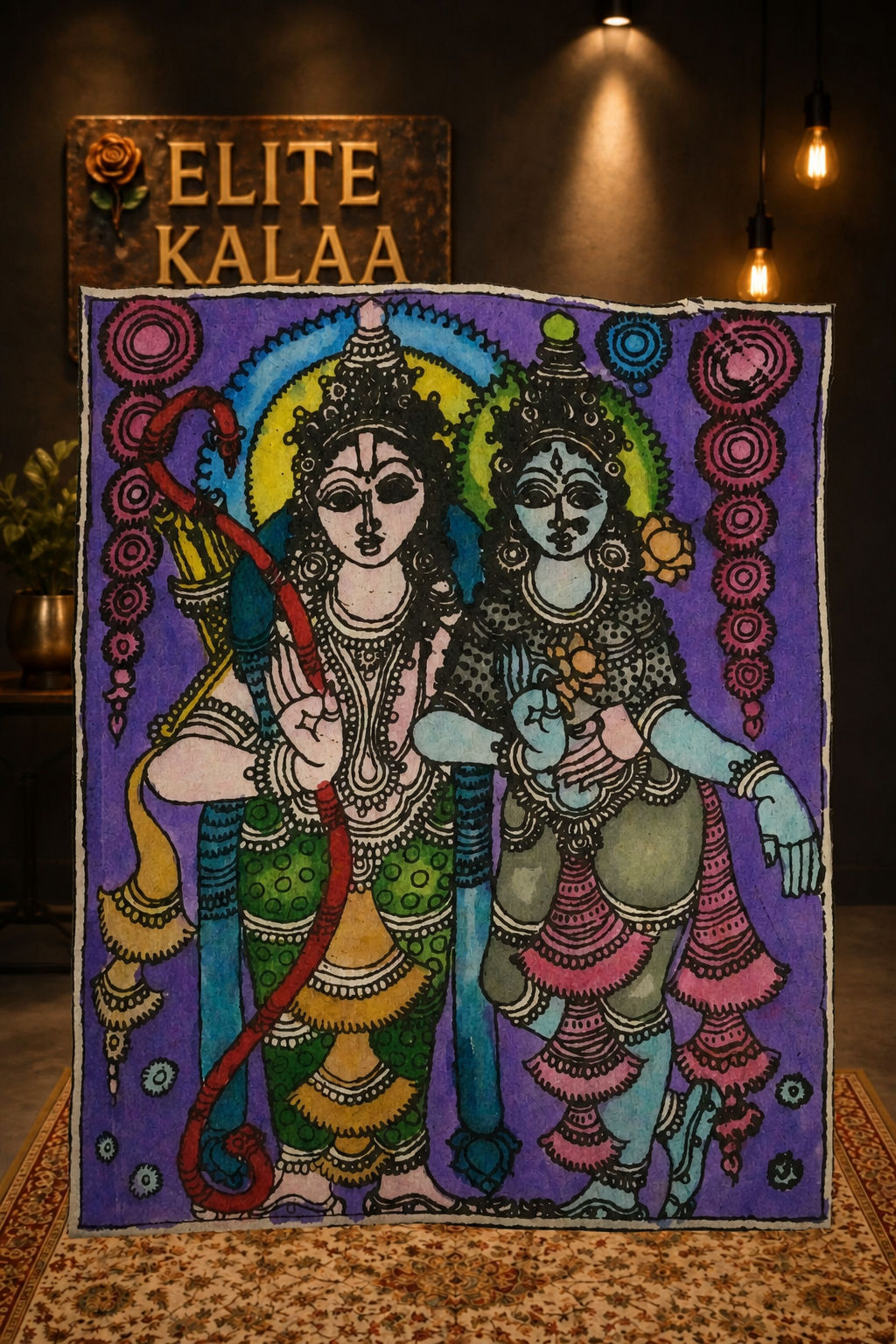 Purple Radha-Krishna Kalamkari patch with a figurative design and border