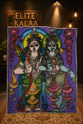 Purple Radha-Krishna Kalamkari patch with a figurative design and border