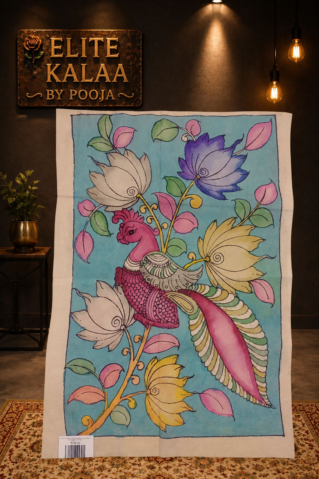 Kalamkari Annakpakshi Bird floral blue patch with border
