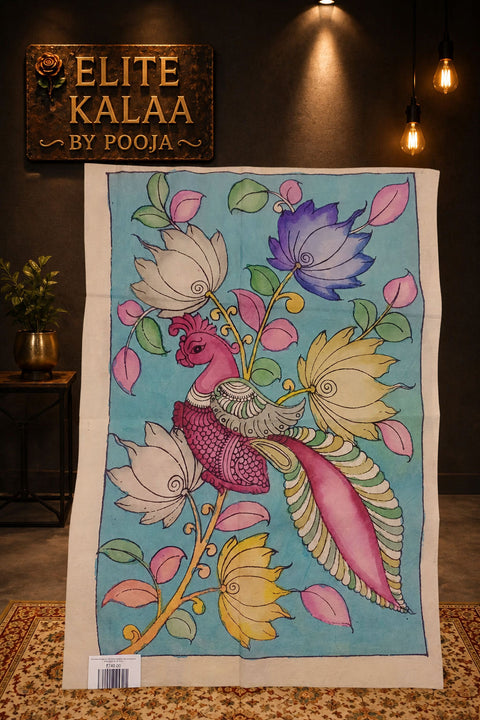 Kalamkari Annakpakshi Bird floral blue patch with border