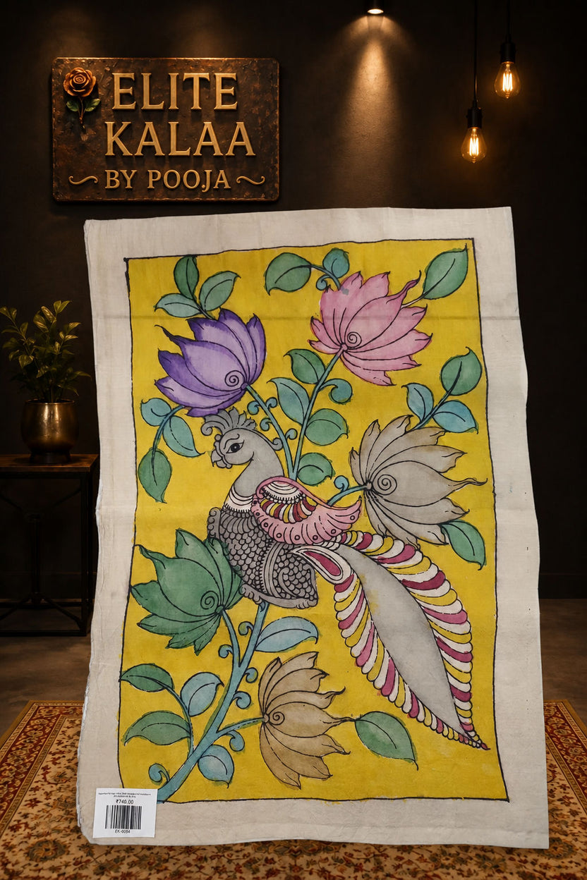 Yellow Kalamkari fabric piece with peacock and floral placement pattern and a border